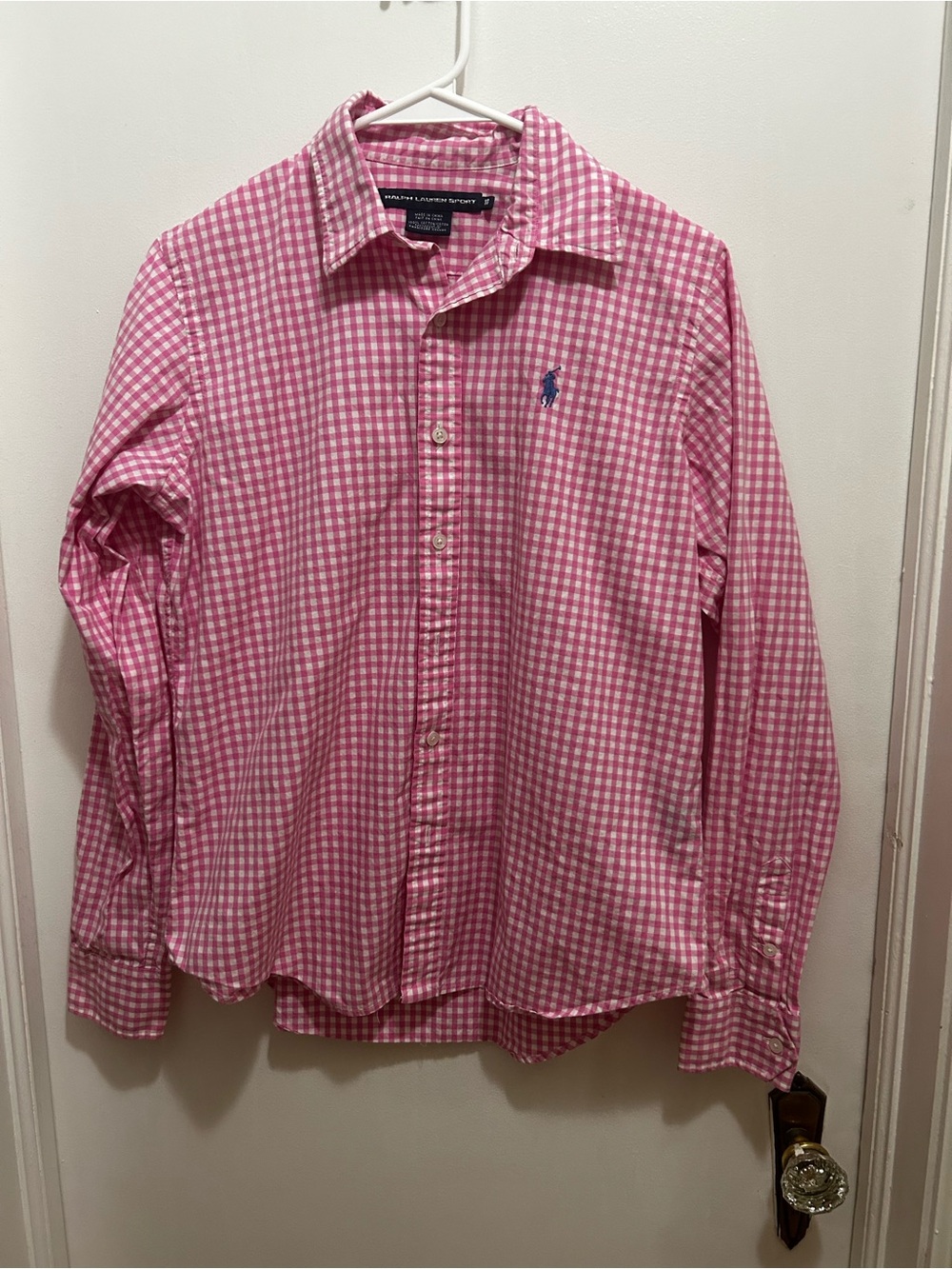 Ralph Lauren Pink Gingham Button-Front Shirt with Navy Pony